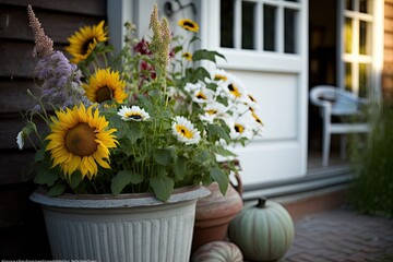 Next to a garden house are lovely flowers in a vase. Enjoy gardening and growing. German garden blooms in the autumn. Sunflowers, gladioli, montbretia, and chrysanthemums are arranged in Generative AI