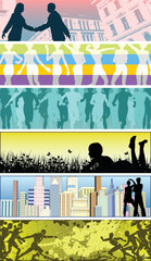 Set of editable vector banners using people silhouettes