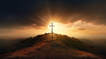 Fototapeta na wymiar christian cross on top of the hill with sky background anf god rays