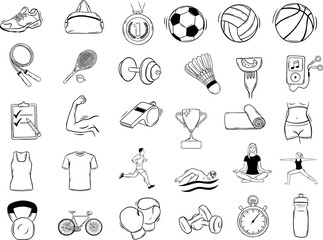 Sport icons set, hand drawn icons, doodle icons, vector icons, ball, exercises