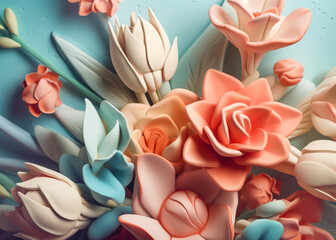 Modeling clay decorative flowers on soft blue backdrop. Floristi