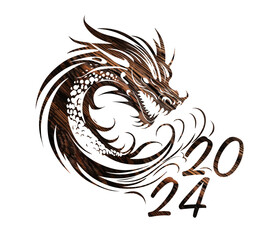 Symbol of Happy Chinese New Year 2024 green Dragon. Symbol of 2024. Wooden green dragon. Vector illustration greeting card. Zodiac sign,