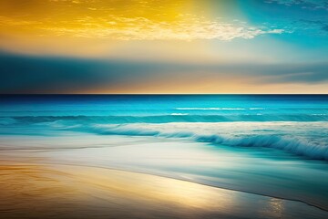 Obraz premium Lovely abstract seascape in the spring or summer. A beach with golden sand, a blue water, a cloudy sky, and a sunset can be seen in the distance. Generative AI