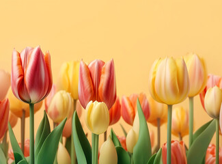 Tulips flowers on orange backdrop. Floristic decoration. Natural floral background with blank copy space for text. Created with generative Ai