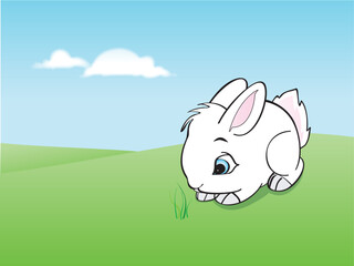 Drawing about a cute, little Easter bunny playing on the green fields