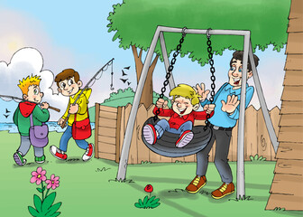 boy swinging on swing, father swinging his son on swing, kids playing in park, kids fishing, green park, happy kids, happy family