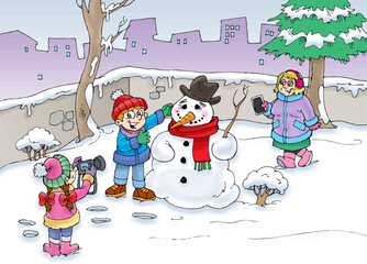 children making snowmen, snowman, white snow, boy and girl, child taking photo, scarf, beanie, gloves, camera