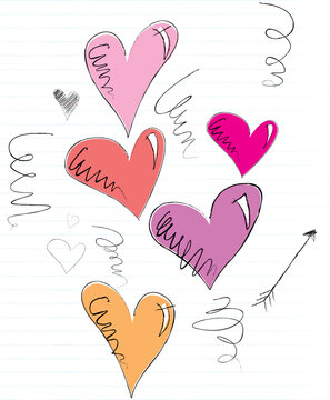 Hearts doodled on lined paper
