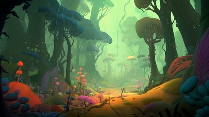 Whimsical Forest: Rainbow-Glowing Mushroom Path to Nowhere