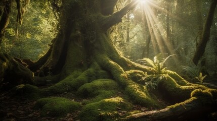 Sunlit Moss-Covered Tree Trunk in a Mystical Realm