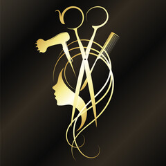 Gold scissors comb hair dryer and curl hair