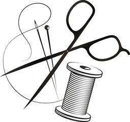 Scissors needle hairpin and spool of thread. Design for cutting and sewing