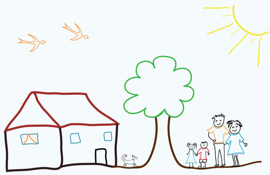 child drawing reprensting a happy family with parents and children