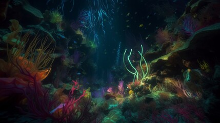 Fototapeta na wymiar Psychedelic Ocean Floor: Immersive Dive into Vibrant Colors and Bioluminescent Wonders