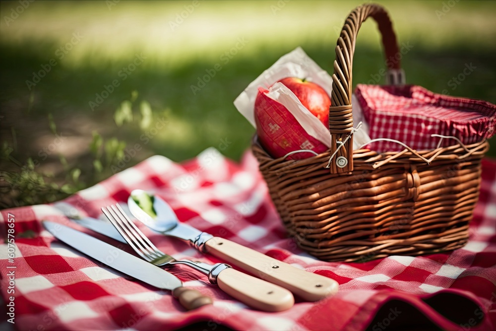 Poster picnic basket with red napkins and table setting. generative ai