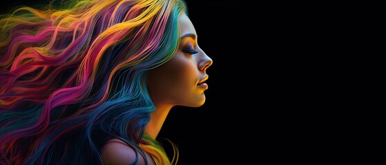 Fototapeta na wymiar woman in rainbow colored hair, luminous palette, oil paintings, glowwave artwork