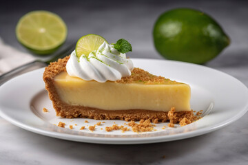 Key Lime Pie. Piece on a plate. Generative AI.