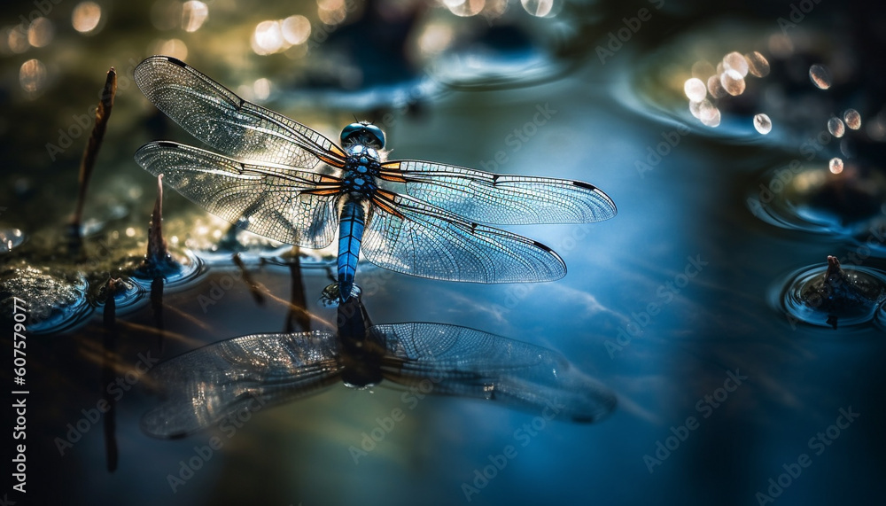 Wall mural dragonfly wing reflects vibrant pond water generated by ai