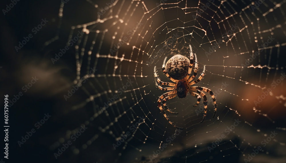 Wall mural spider spins web, captures dew, creates beauty generated by ai