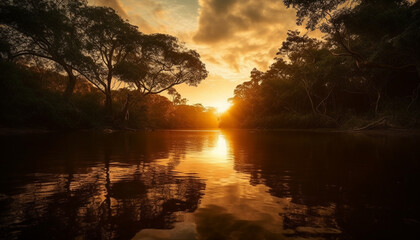Golden sunset reflects on tranquil water landscape generated by AI