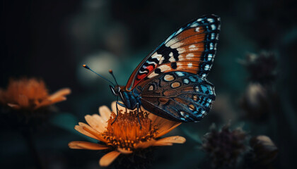 Fototapeta na wymiar Vibrant butterfly pollinates fragile yellow flower outdoors generated by AI