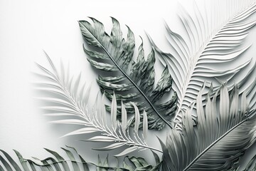 Tropical palm leaves for design on a white and grey backdrop. Summer Fashion. Image of high quality. View from the top. Generative AI