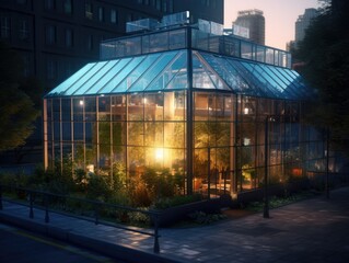 Conceptual Illustration of a Modern Glass Greenhouse. Generative AI.