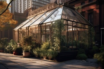 Obraz premium Conceptual Illustration of a Modern Glass Greenhouse. Generative AI.