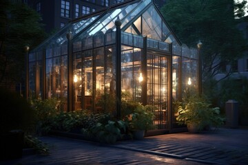 Fototapeta premium Conceptual Illustration of a Modern Glass Greenhouse. Generative AI.