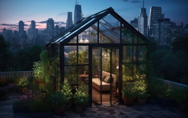 Conceptual Illustration of a Modern Glass Greenhouse. Generative AI.
