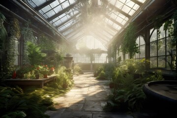 Conceptual Illustration of a Modern Glass Greenhouse. Generative AI.