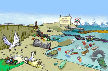 environmental pollution, marine pollution, cleaning, garbage, sea, beach, seagulls, birds, fish, nature, recycling, plastic waste, turtle, living things damaged by pollution
