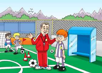 children training football and the coach, children playing football, ball, football field, goal, green field, bench