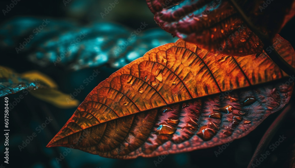 Poster vibrant autumn leaf pattern in macro generated by ai