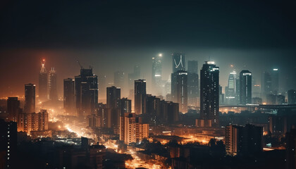 Fototapeta premium Glowing cityscape at dusk, a modern metropolis generated by AI