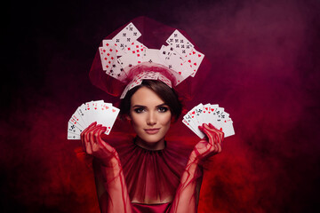Young luxury lady poker dealer start showdown casino night opening shuffle cards gambling betting...