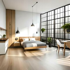 Naklejka na ściany i meble Double bedroom, industrial-style interior design