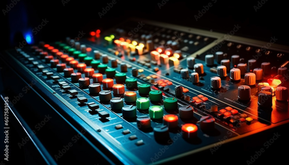 Poster sound engineer pushing knobs on illuminated mixer generated by ai