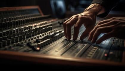 Sound engineer adjusting knobs on mixing desk generated by AI