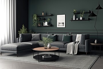 cozy living room with green walls and a comfortable gray couch as the focal point Generative AI
