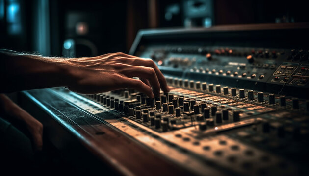 Sound engineer adjusting equipment in recording studio generated by AI