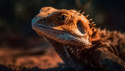 Horned lizard crawls on branch, scales patterned generated by AI