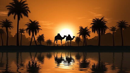 Obraz na płótnie Canvas Majestic silhouettes of grazing camels in a golden desert landscape Generative AI