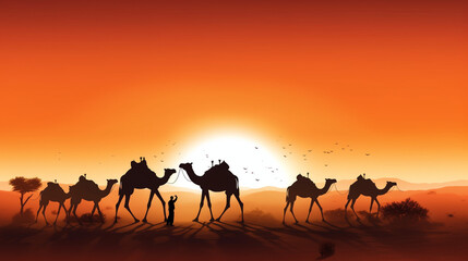 Fototapeta na wymiar Majestic silhouettes of grazing camels in a golden desert landscape Generative AI