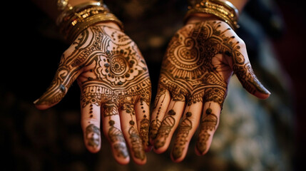 Intricate henna designs on delicate hands celebrating the occasion Generative AI