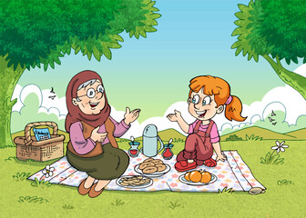 grandma and granddaughter having picnic, greenery, child, woman, trees, food, picnic basket, tea