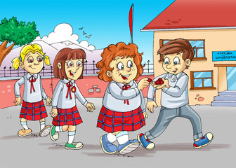 children playing in the schoolyard, happy students, children eating strawberries, healthy eating, fat girl, thin boy, school uniform, school