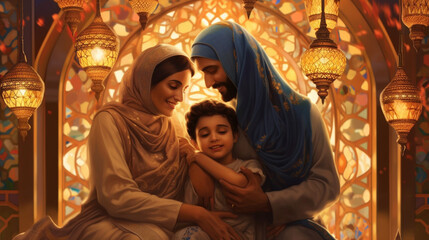 A family embracing and exchanging heartfelt Eid greetings Generative AI