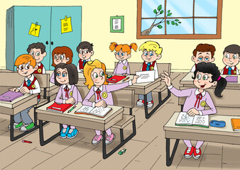 students waiting for a teacher in the classroom inside the school, students in the classroom, classroom, students, school, classroom, children