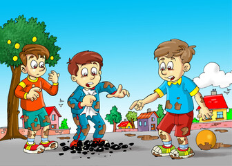 children playing in the street, children playing football, three friends with dirty clothes, street, child, football